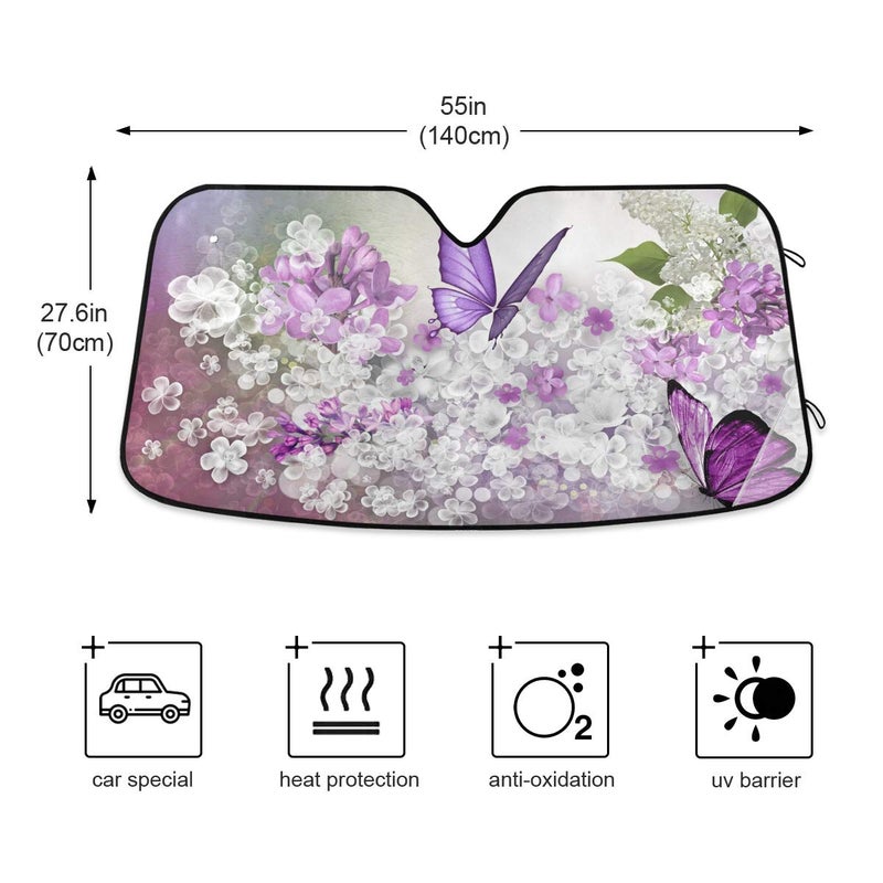 senya Car Windshield Sunshade Butterflies Flowers Purple Pattern, Blocks Sun Visor Protector Foldable Sun Shield Keep Your Vehicle Cool, Fits Windshields of Most Sizes - Image 5